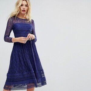 ASOS blue Lace Skater Midi dress with long sleeves Crochet Embroidered